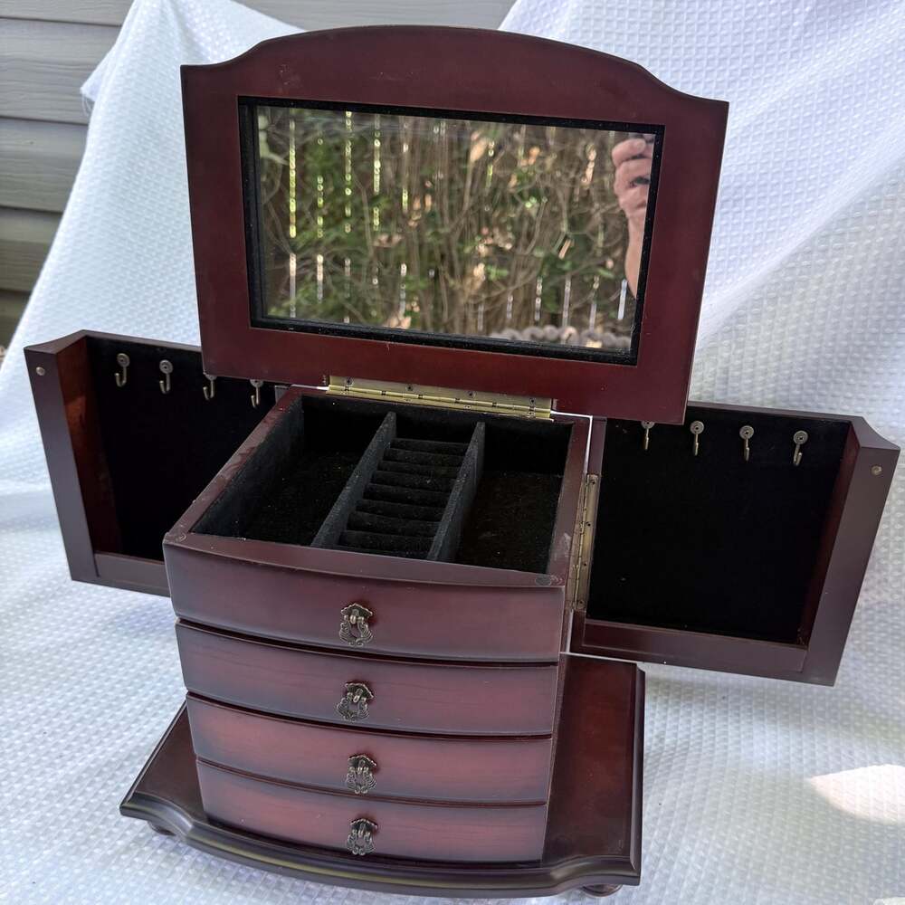 Vintage Bombay Co Mahogany Wooden Jewelry Box Chest Mirror Side Doors Drawers
